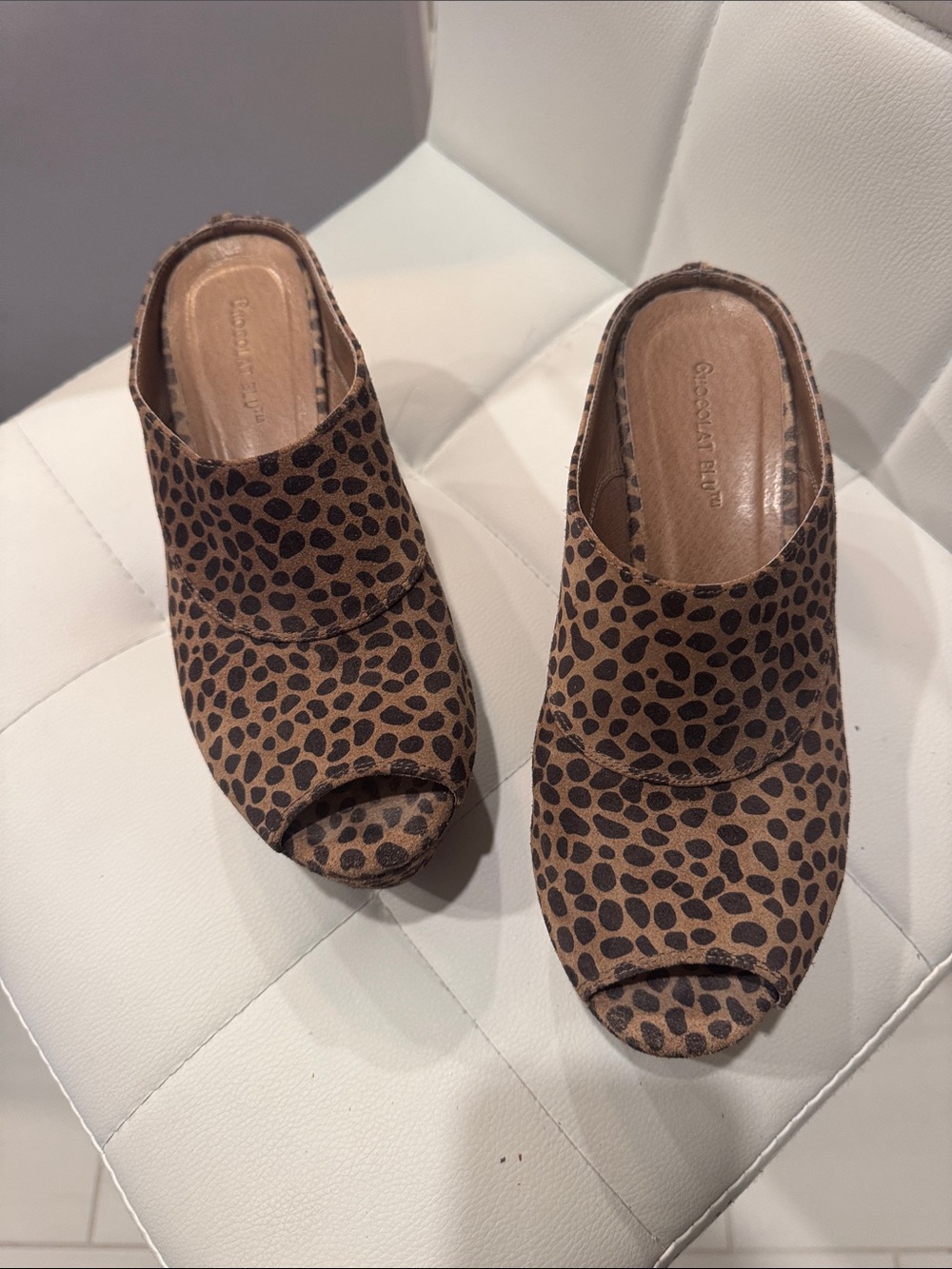 Chocolat Blu Brown Leopard Peep-Toe Mules